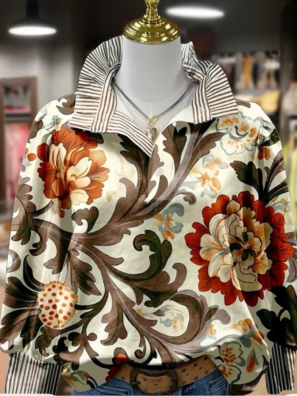 CherryBetty Vintage Floral Print Striped Collar Top